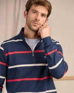 Homme Mise Au Green Sweat rayé col camionneur bleu marine